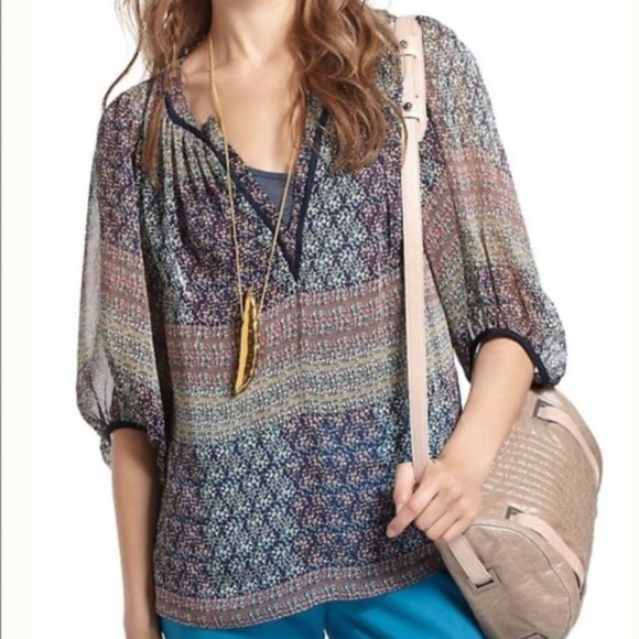 Anthropologie Tops - Anthropologie Maeve Poppy Peasant Blouse Women’s Sheer Floral Print Puff Sleeve